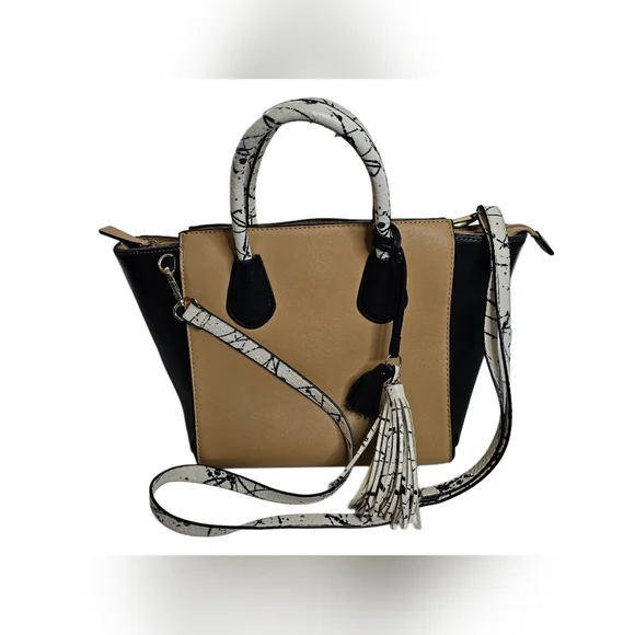 Neiman Marcus Faux Leather Tote Shoulder Bag Double Handle Shoulder Strap Tassel - Picture 1 of 13